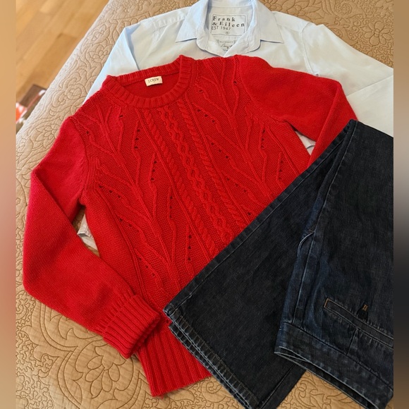 J. Crew Lambs Wool Blend Red Eyelet Aran Cable Knit Crew Neck Sweater, Sz M - Picture 12 of 13
